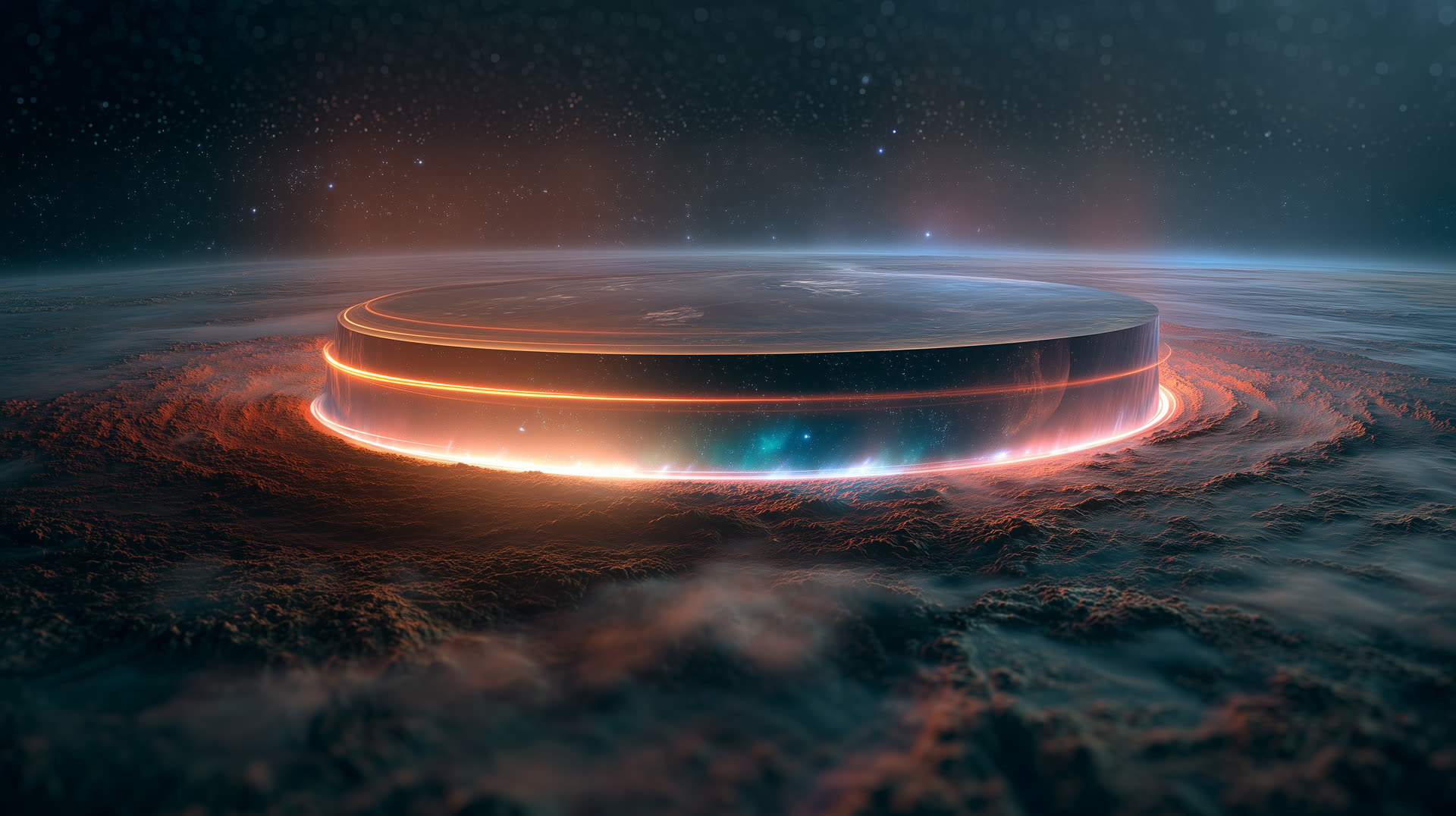 A brand world — a glowing disc rising from the clouds